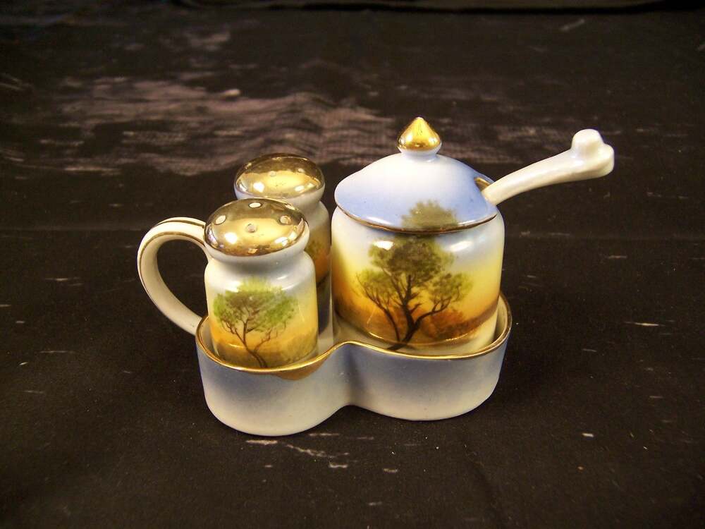 Antique Noritake Tree in the Meadow Condiment Set Green M Wreath 1918 Complete